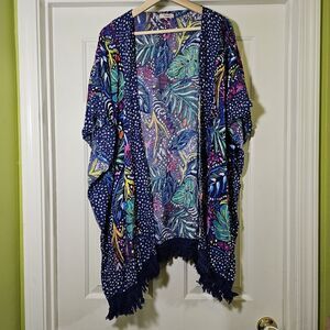 Triumph Painted Leaves Kimono Kaftan Multi Blue Fringe Swim Cover Up
